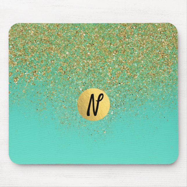 Cascading Gold Glitter & Teal Aqua Glam Trendy Mouse Pad (Front)