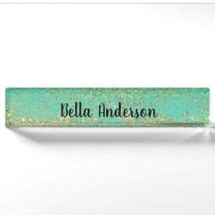 Cascading Gold Glitter & Teal Aqua Glam Trendy Nameplate