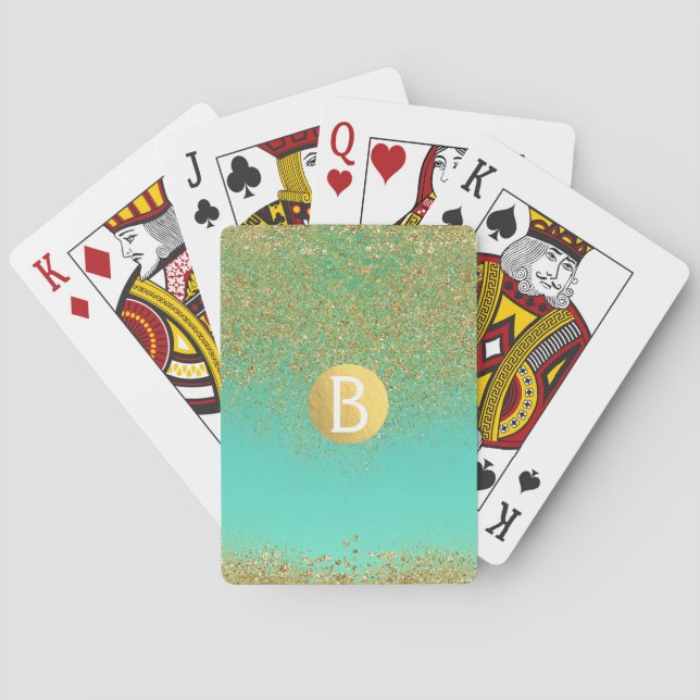 Cascading Gold Glitter & Teal Aqua Glam Trendy Playing Cards (Back)