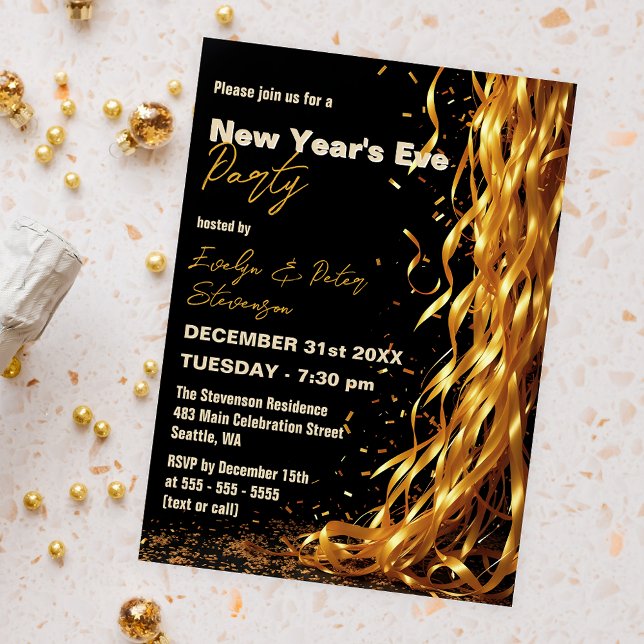 Cascading Golden Streamers New Year's Eve Party Invitation (Creator Uploaded)