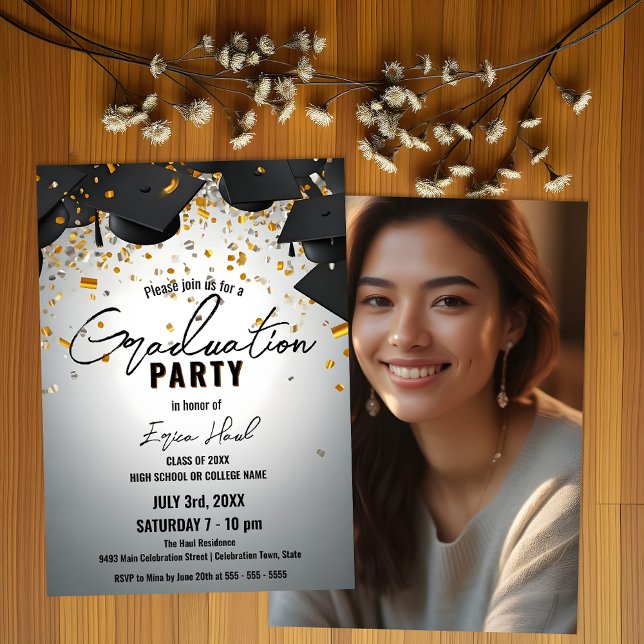 Cascading Graduation Caps and Gold Confetti Photo  Invitation (Creator Uploaded)