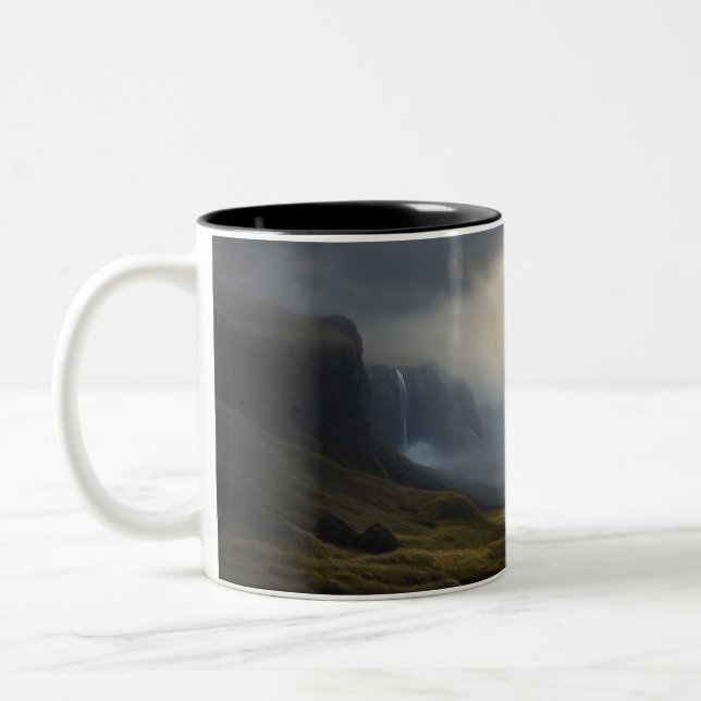 Cascading Light: Mountain Waterfall Landscape Two-Tone Coffee Mug (Left)