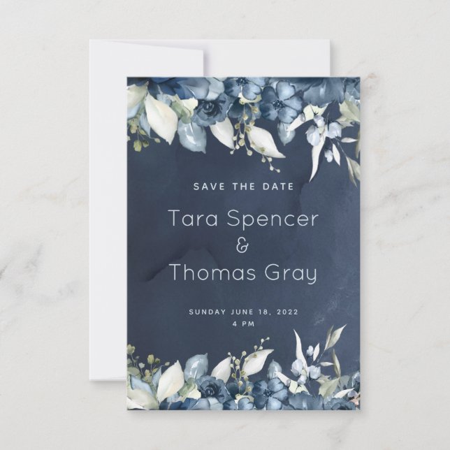 Cascading Navy Peony Wedding Save The Date (Front)