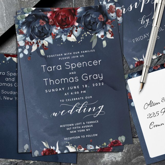 Cascading Peonies Burgundy Navy Wedding Invitation (Creator Uploaded)