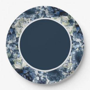Cascading Peonies Wedding 9 Inch Navy Dinner Plate