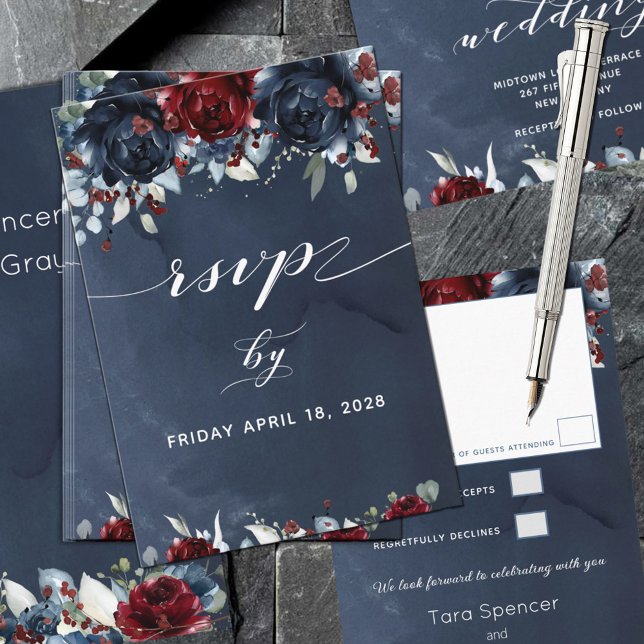 Cascading Peony Burgundy Navy Wedding RSVP Card (Creator Uploaded)