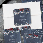 Cascading Peony Burgundy Navy Wedding Square Sticker<br><div class="desc">A burgundy navy wedding invitation envelope or favour sticker featuring a watercolor-painted navy blue background with a bouquet of deep burgundy and navy blue peonies cascading amongst dusty blue eucalyptus greenery.</div>