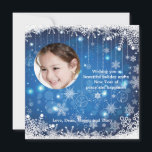 Cascading Snowflakes Photo Holiday Card<br><div class="desc">A stunning blue and white design featuring snowflake borders, cascading snowflakes and a round picture window for your favourite photo. Perfect as a holiday card or a winter birthday party invitation. The card is easy to customize with your wording, font, font colour and choice of six paper types. Not exactly...</div>