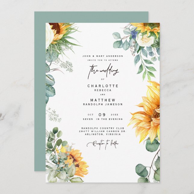 Cascading Sunflower Greenery Bride Parents Sage Invitation (Front/Back)