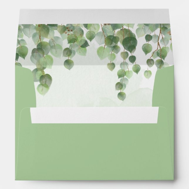 Cascading Watercolor Eucalyptus Rustic Sage Green Envelope (Back (Bottom))