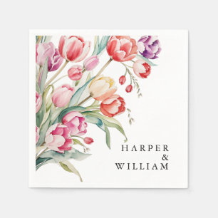 Cascading watercolor spring tulips wedding napkin