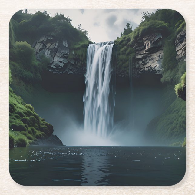 Cascading Waterfall amidst Lush Greenery Square Paper Coaster (Front)