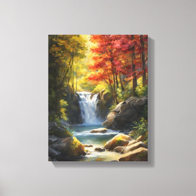 Cascading Waterfall in Vibrant Autumn Forest Canvas Print (Front)