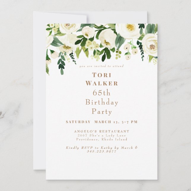 Cascading White Floral 65th Birthday Party Invitation (Front)