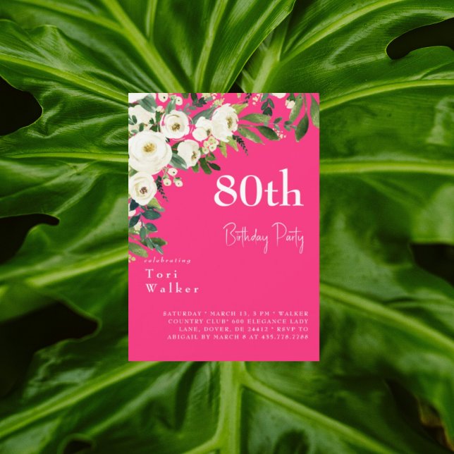 Cascading White Floral Hot Pink 80th Birthday Invitation (Creator Uploaded)
