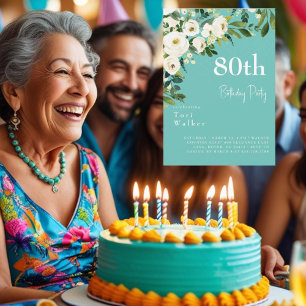 Cascading White Floral Turquoise 80th Birthday Invitation