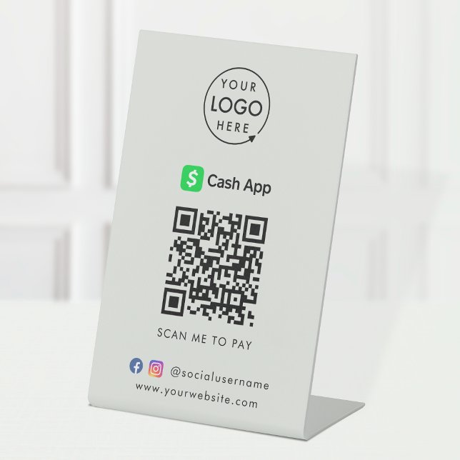 Cash App QR Code | Scan to Pay Business Grey Pedestal Sign (Interactive "scan to pay” QR code cash wrap table signage for collecting digital payment by CashApp.)