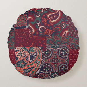 cashmere paisley silk fabric patchwork abstract vi round pillow