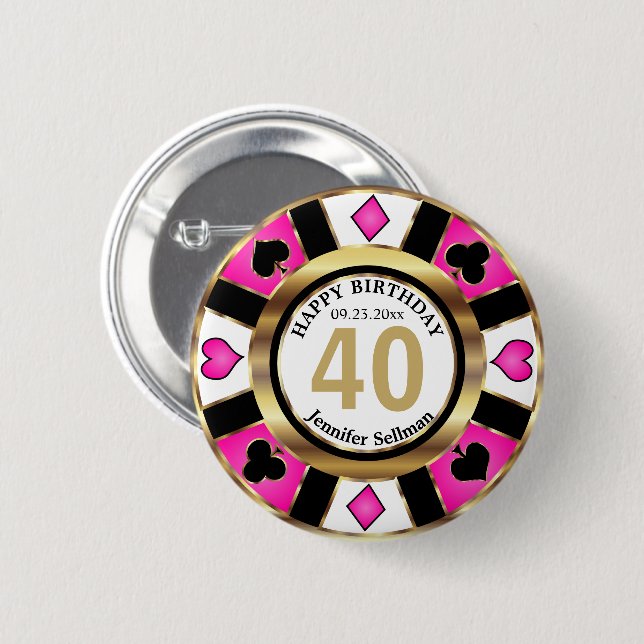Casino 00th Birthday Party -Pink 2 Inch Round Button (Front & Back)