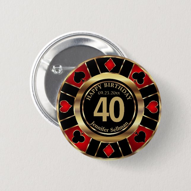 Casino 00th Birthday Party - Red and Black 2 Inch Round Button (Front & Back)