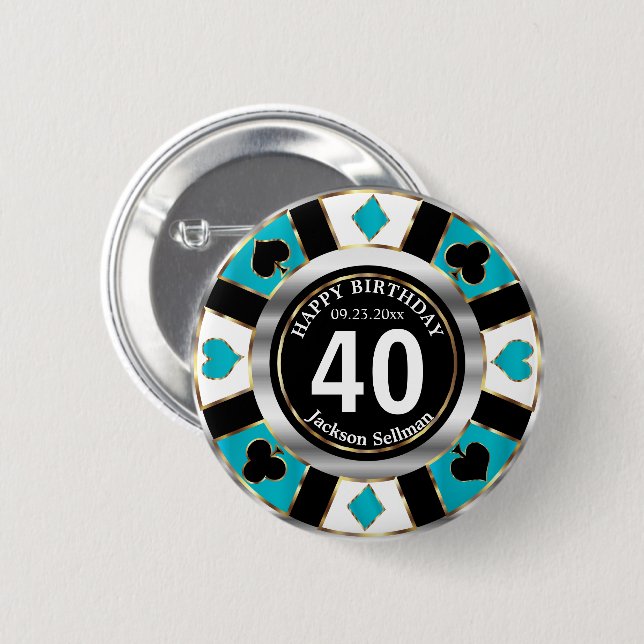 Casino 00th Birthday Party -Teal 2 Inch Round Button (Front & Back)