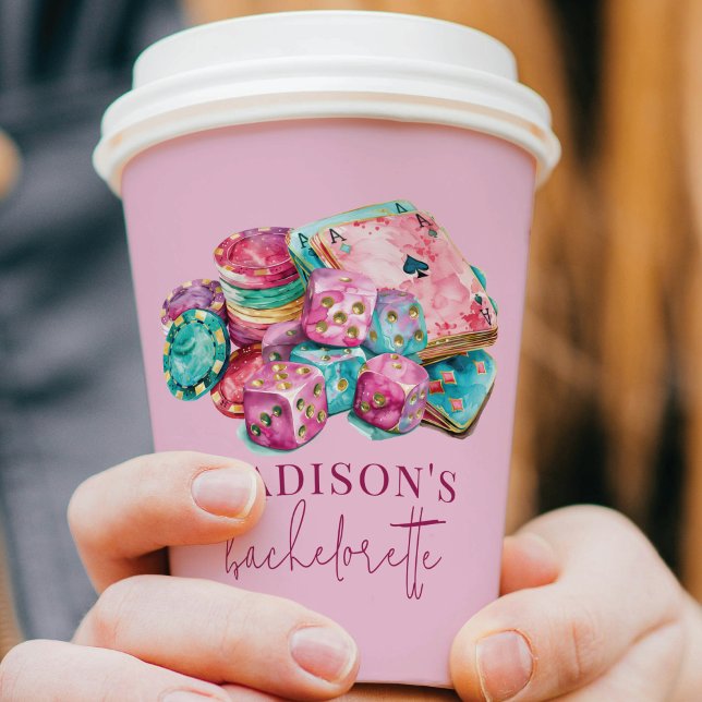 Casino Bachelorette Personalized Watercolor Pink  Paper Cups (Creator Uploaded)