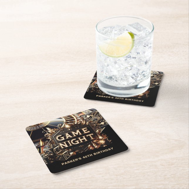 Casino Birthday Game Night Custom Square Paper Coaster (Insitu)