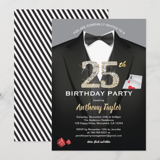 Casino birthday invitation. Black and white theme Invitation (Front/Back)
