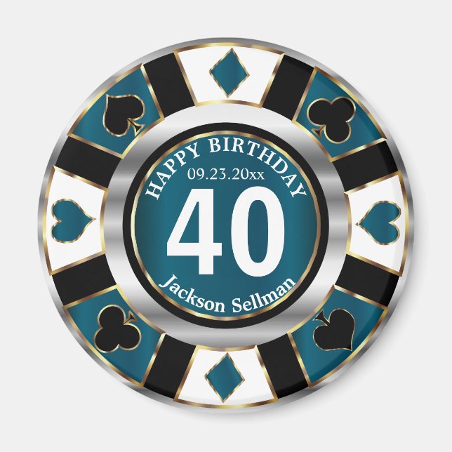 Casino Chip Las Vegas Birthday - Teal Blue Magnet (Front)