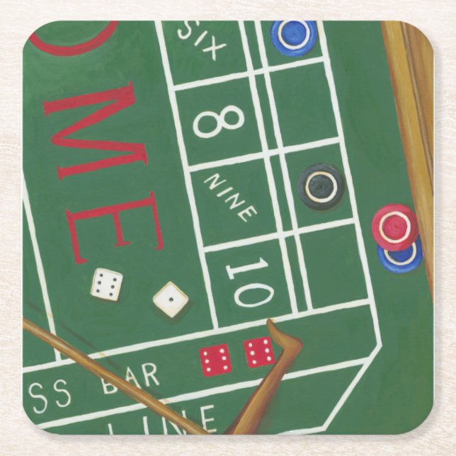 Casino Craps Table with Chips and Dice Square Paper Coaster (Front)