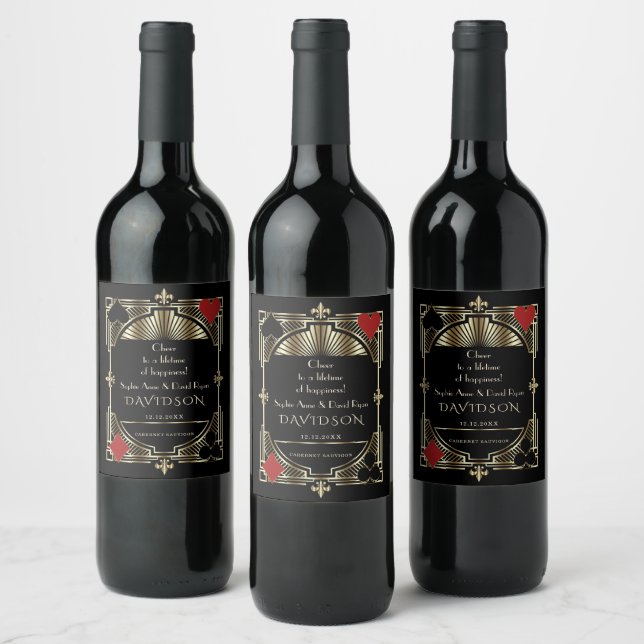 Casino Gold Black Art Deco Roaring 20s Wedding Wine Label (Bottles)