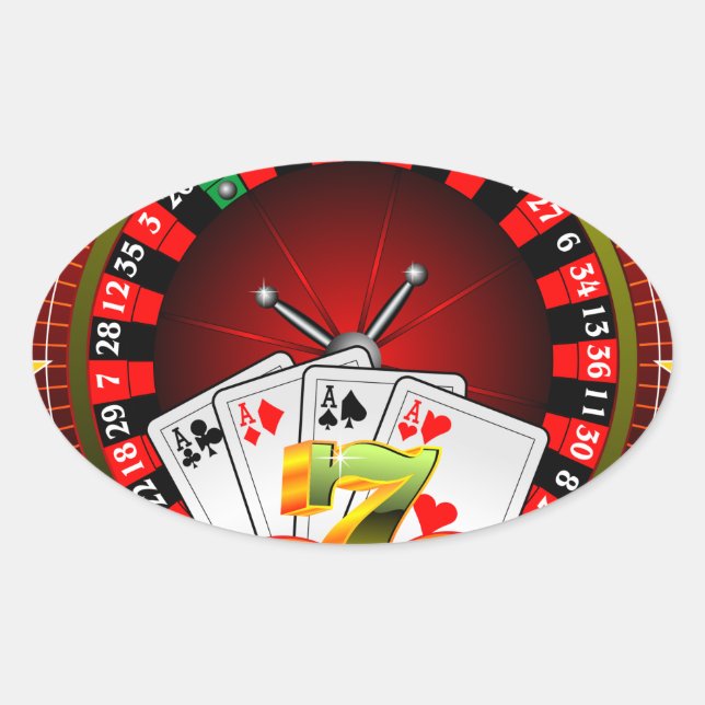 Casino illustration with roulette wheel and dices oval sticker (Front)