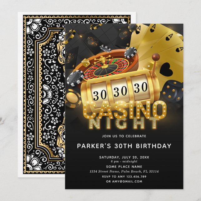 Casino Night Birthday Party Black Gold Invitation (Front/Back)