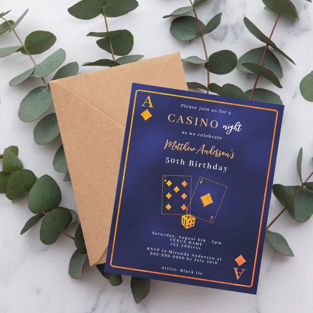 Casino night blue gold birthday invitation (Creator Uploaded)