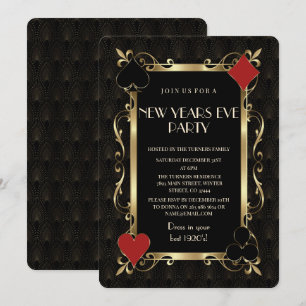 Casino Night Gold Art Deco New Years Eve Party Invitation