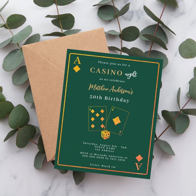 Casino night green gold birthday invitation (Creator Uploaded)