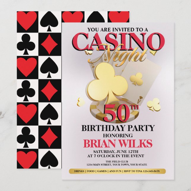 Casino Nuit Anniversaire Fête Invitation (Devant / Derrière)