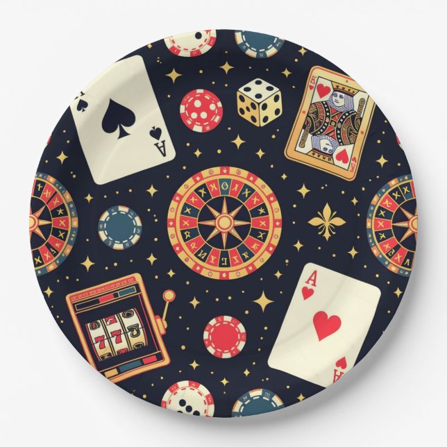 Casino pattern theme on black paper plate (Front)