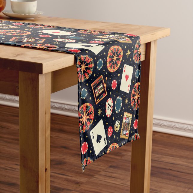 Casino pattern theme on black short table runner (In Situ)