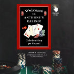 Casino Poker Birthday Party Personalized Welcome Poster<br><div class="desc">Personalized casino or poker party themed birthday party welcome poster sign featuring playing cards, dice and poker chips and custom text in black, red and white. ASSISTANCE: For help with design modification/personalization, colour change, transferring the design to another product or if you would like coordinating items, contact the designer BEFORE...</div>