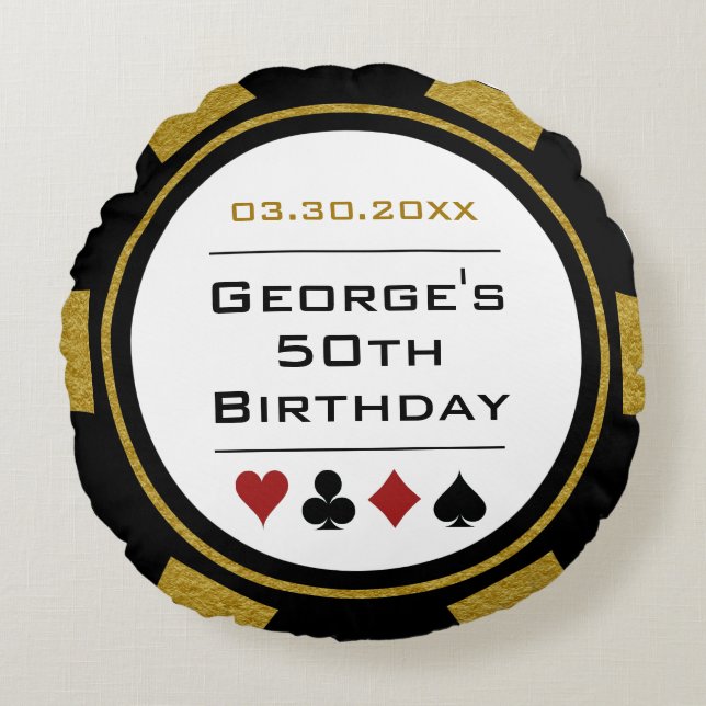Casino Poker Chip Black and Gold Birthday Round Pillow (Front)