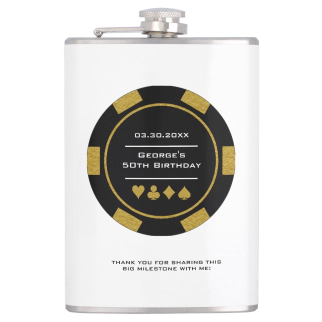 Casino Poker Chip Black Gold Las Vegas Birthday Hip Flask (Front)