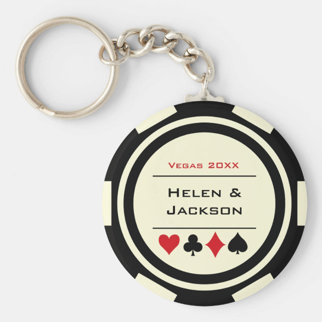 Casino Poker Chip Black Off-White Wedding Favour Keychain (Front)