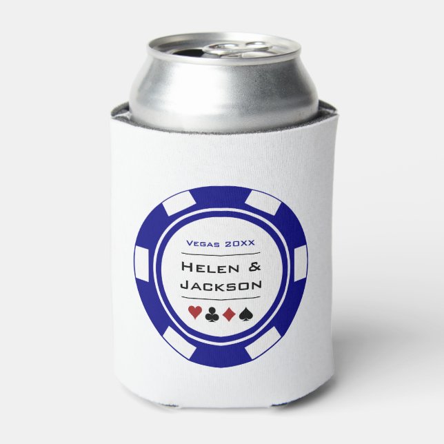 Casino Poker Chip Blue White Las Vegas Wedding Can Cooler (Can Front)