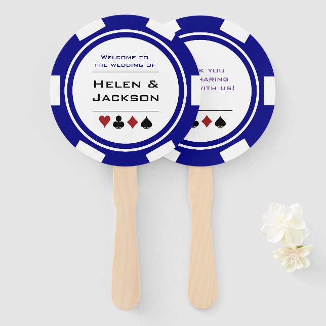 Casino Poker Chip Blue White Welcome To Wedding Hand Fan (Front and Back)
