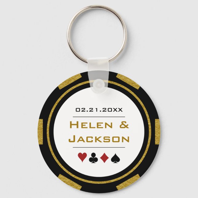 Casino Poker Chip Gold Black White Wedding Favor Keychain (Front)
