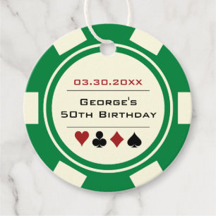 Casino Poker Chip Green and Cream White Birthday Favour Tags