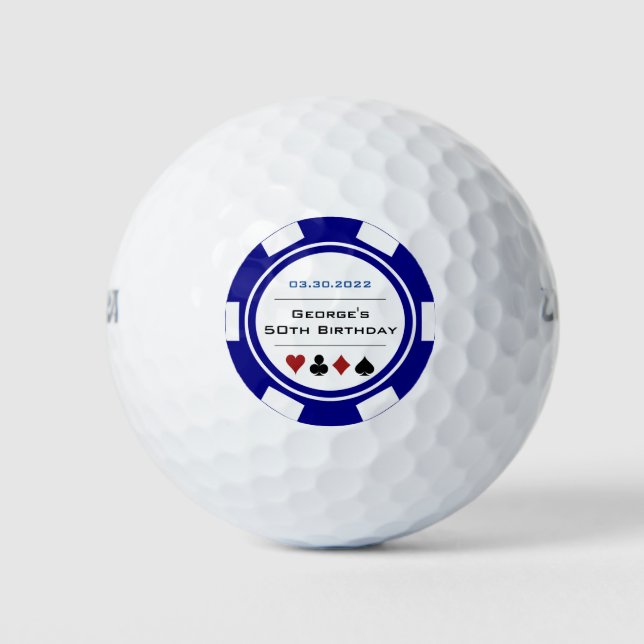 Casino Poker Chip in Navy Blue and White Birthday Golf Balls (Front)