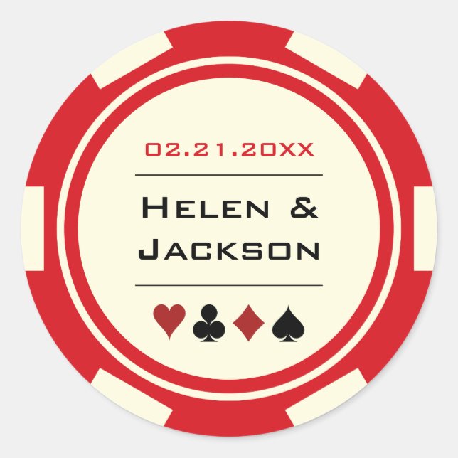 Casino Poker Chip Red and Off White Wedding Classic Round Sticker (Front)