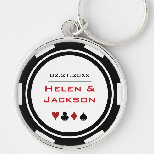 Casino Poker Chip Red Black White Wedding Favour Keychain (Front)